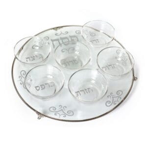 קערת פסח - קערת פסח זכוכית רגלי ניקל